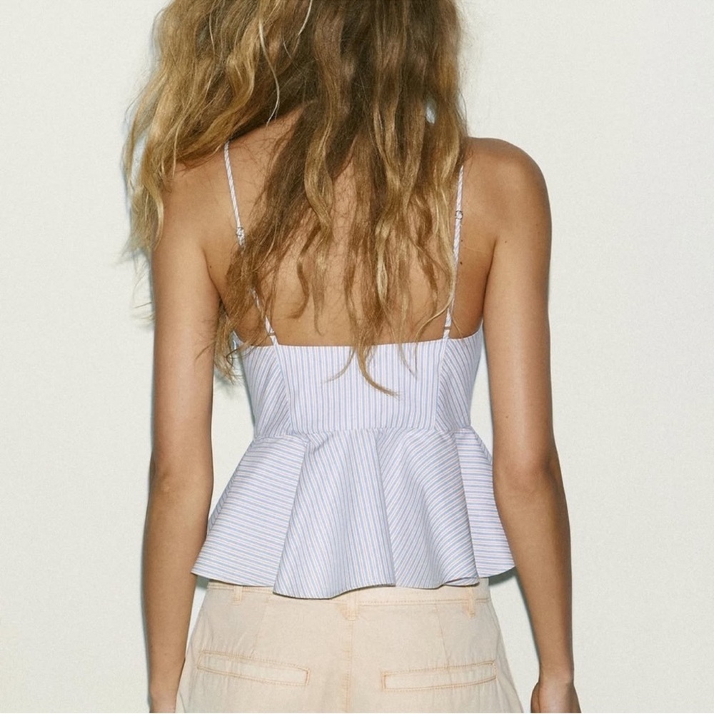 Zara Blue Navy White Burnt Red Peplum Cami Women’s Striped Top NWT XL 2924/182 - Picture 2 of 13